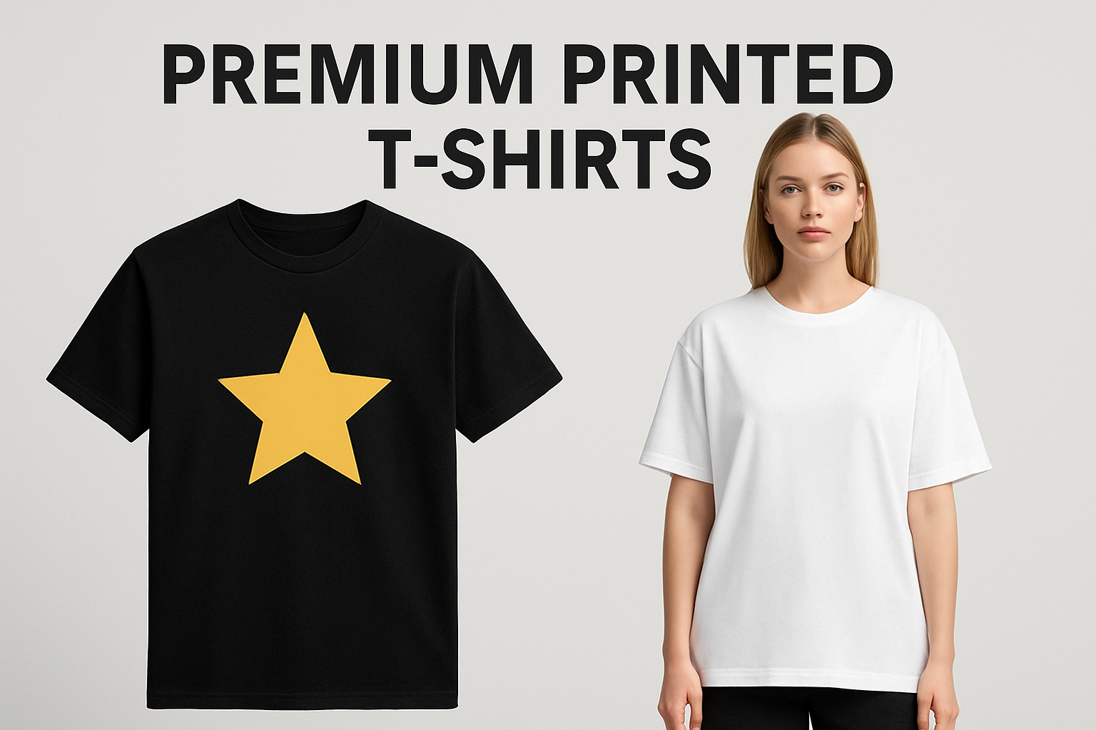Black premium printed T-shirt with a simple star design placed beside a plain white oversized T-shirt on a clean grey background, showcasing high-quality printed apparel.