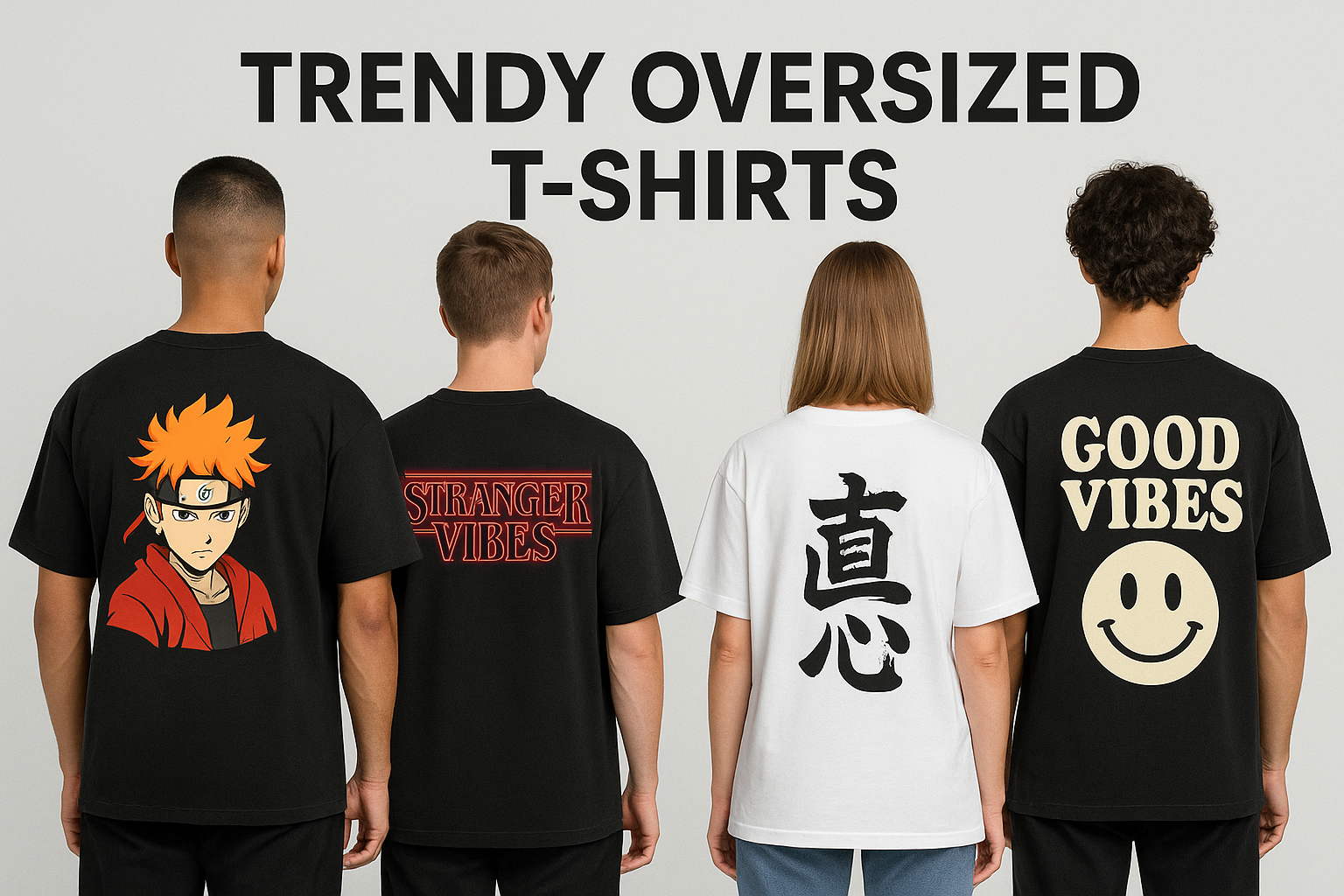 Four models wearing oversized T-shirts with trending back-print styles including anime-inspired artwork, retro neon typography, Japanese streetwear kanji, and a bold minimal Good Vibes smiley design.