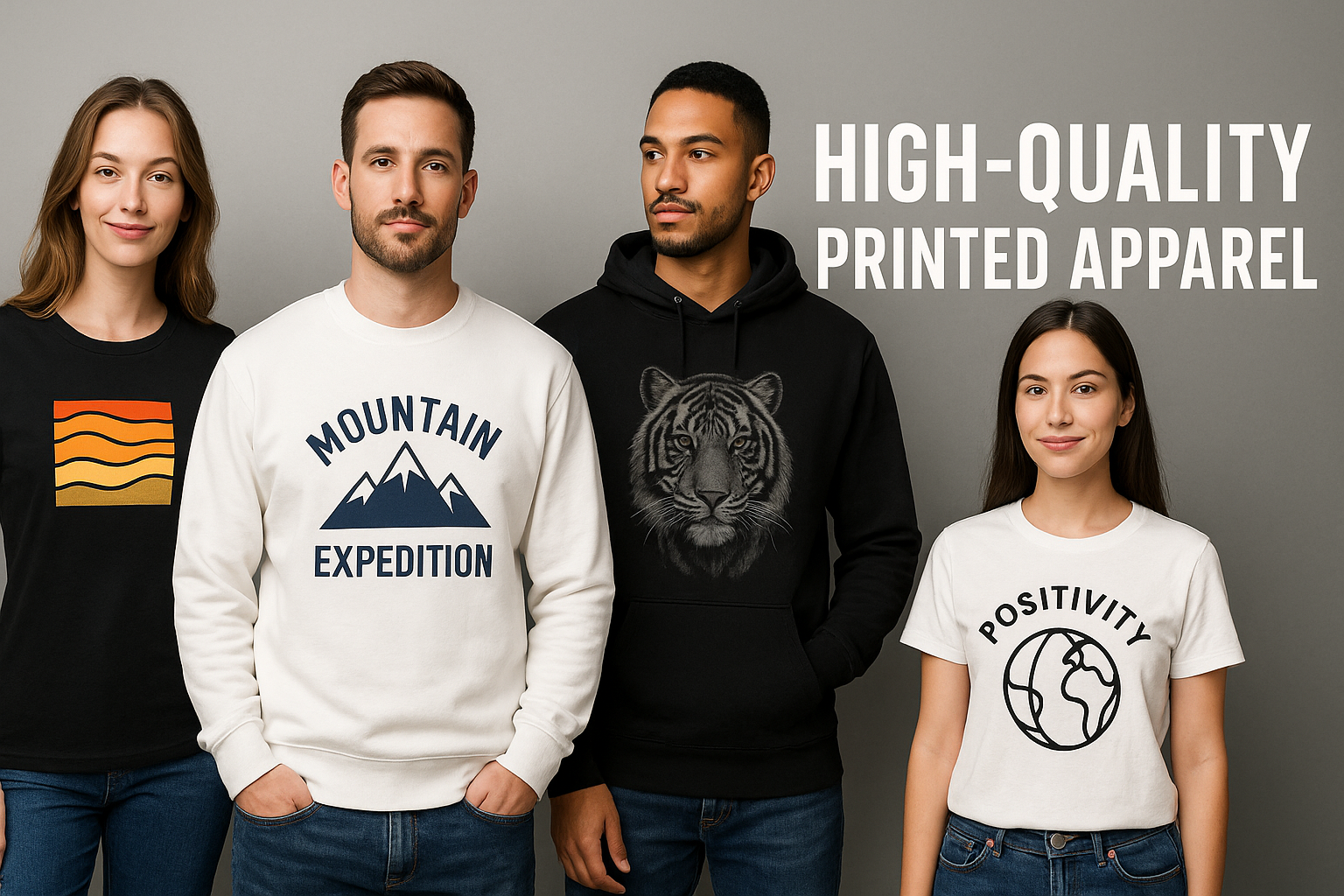 Four models wearing printed apparel including a black sweatshirt with a minimalist wave design, a white sweatshirt with mountain artwork, a black hoodie with a detailed tiger illustration, and a white T-shirt with a positivity graphic.