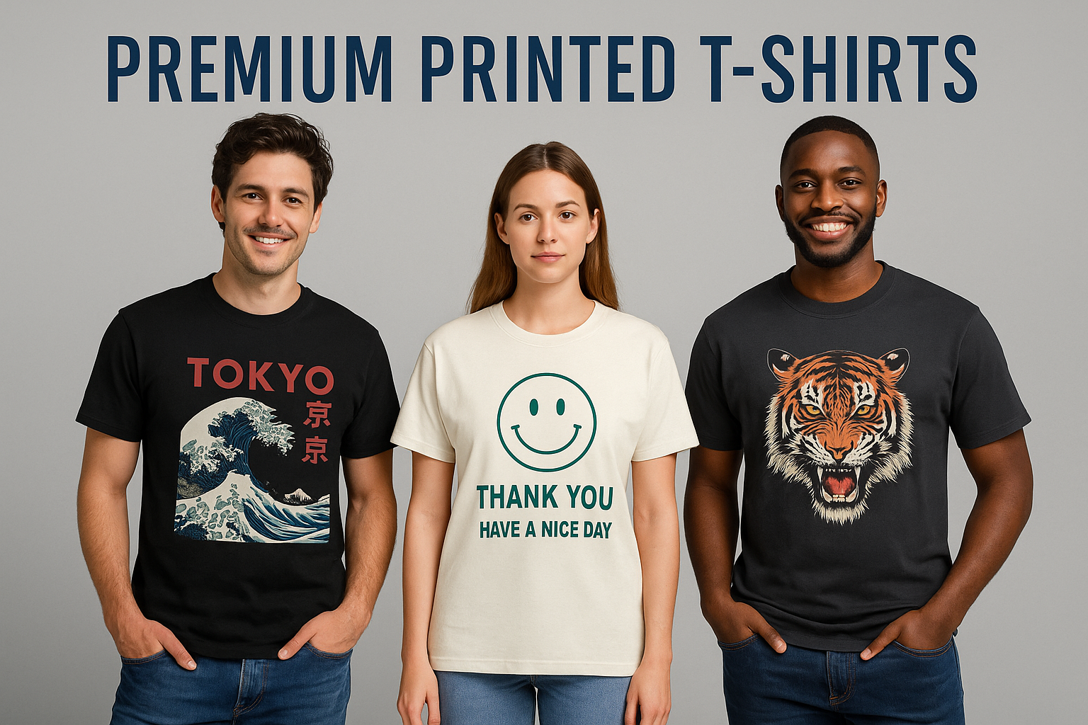 Three models wearing premium printed T-shirts featuring a Tokyo wave design, a smiley graphic with text, and a detailed tiger illustration, displayed against a modern gray studio background.