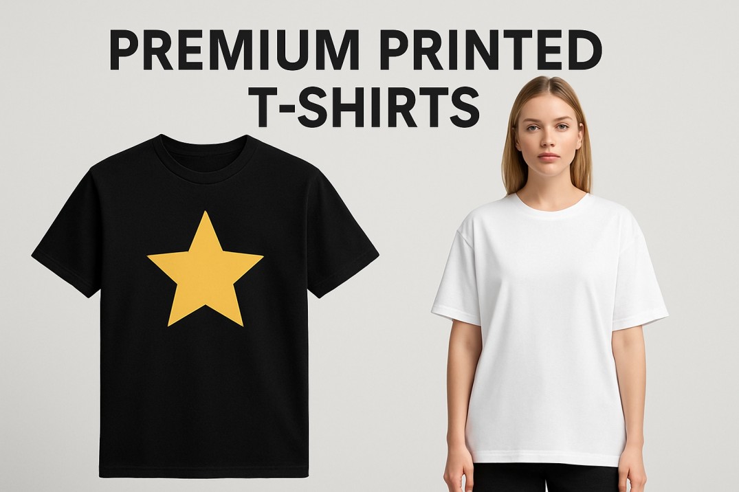 Black premium printed T-shirt with a simple star design placed beside a plain white oversized T-shirt on a clean grey background, showcasing high-quality printed apparel.