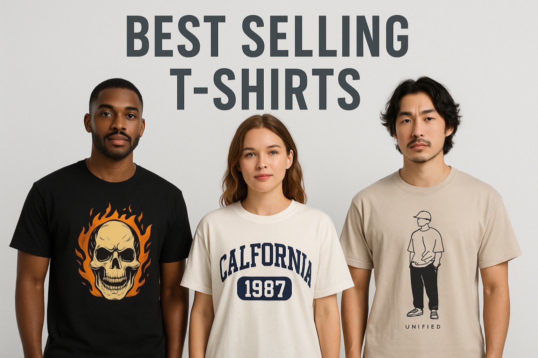 Three models wearing trending graphic T-shirts including a black tee with a flaming skul illustration, a cream tee with bold California text, and a beige tee with a minimalist line-art character, promoting best-selling printed apparel.