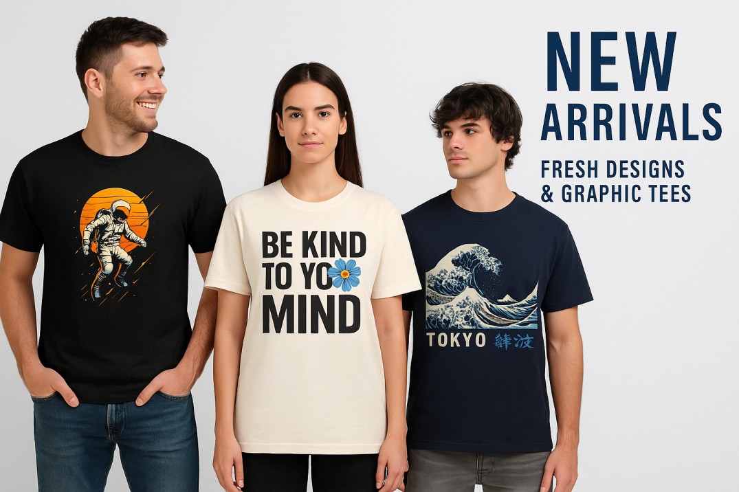 Three models wearing new arrival graphic T-shirts featuring an astronaut print, a motivational quote with a flower, and a Tokyo wave design, displayed against a clean gray background.